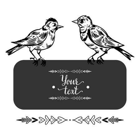 Elegant and cute illustration. Birds sit on each branch. Printing for textile and industrial purposes. And a beautiful romantic frame of flowers and twigs. Vector illustration.のイラスト素材