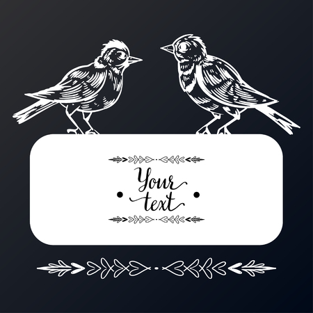 Elegant and cute illustration. Birds sit on each branch. Printing for textile and industrial purposes. And a beautiful romantic frame of flowers and twigs. Vector illustration.のイラスト素材