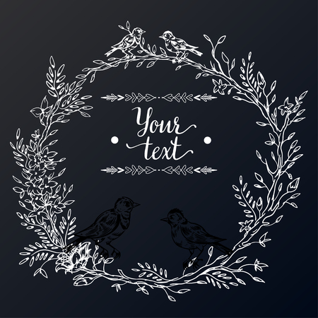 Elegant and cute illustration. Birds sit on each branch. Printing for textile and industrial purposes. And a beautiful romantic frame of flowers and twigs. Vector illustration.のイラスト素材