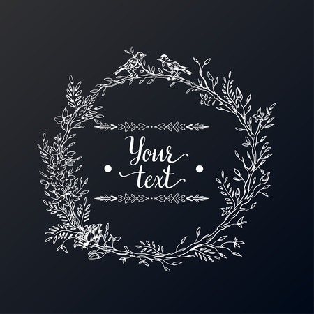 Elegant and cute illustration. Birds sit on each branch. Printing for textile and industrial purposes. And a beautiful romantic frame of flowers and twigs. Vector illustration.のイラスト素材