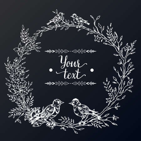 Elegant and cute illustration. Birds sit on each branch. Printing for textile and industrial purposes. And a beautiful romantic frame of flowers and twigs. Vector illustration.のイラスト素材
