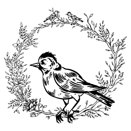 Elegant and cute illustration. Birds sit on each branch. Printing for textile and industrial purposes. And a beautiful romantic frame of flowers and twigs. Vector illustration.のイラスト素材