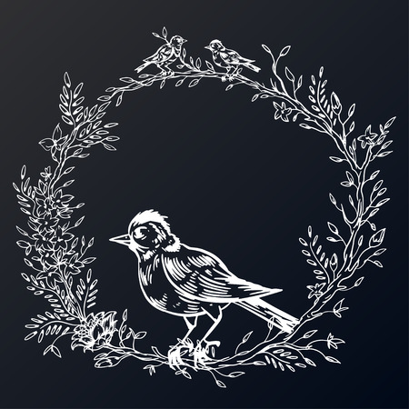 Elegant and cute illustration. Birds sit on each branch. Printing for textile and industrial purposes. And a beautiful romantic frame of flowers and twigs. Vector illustration.のイラスト素材