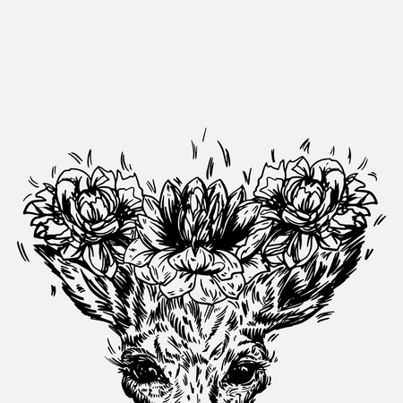 A young deer with horny horns on which peonies are planted. illustration. Design a tattoo, a symbol of mystical magic for your use. Elegant and cute illustration.のイラスト素材