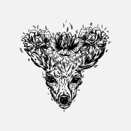 A young deer with horny horns on which peonies are planted. illustration. Design a tattoo, a symbol of mystical magic for your use. Area for text. The concept of printing on fabric, stickers, childrens clothes in the style.のイラスト素材