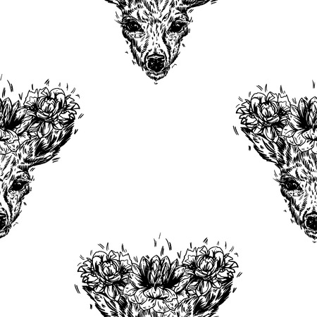 Design a tattoo, a symbol of mystical magic for your use. Elegant and cute illustration. A young deer with horny horns on which peonies are planted. illustration. Design a tattoo, a symbol of mystical magic for your use.のイラスト素材