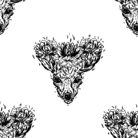 The concept of printing on fabric, childrens clothes in the style. A young deer with horny horns on which peonies are planted. illustration. Design a tattoo, a symbol of mystical magic for your use.のイラスト素材