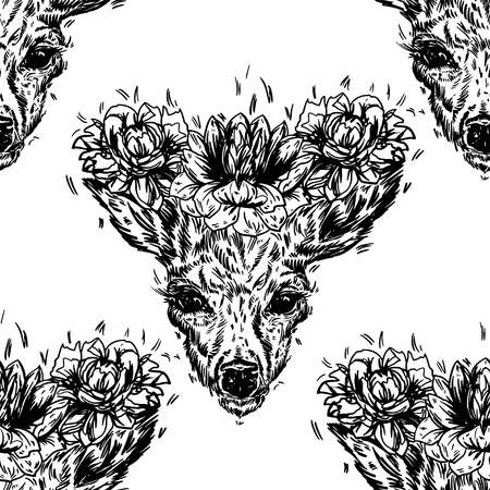 A young deer with horny horns on which peonies are planted. illustration. The concept of printing on fabric, childrens clothes in the style. Design a tattoo, a symbol of mystical magic for your use.のイラスト素材