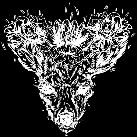 A young deer with horny horns on which peonies are planted. Concept for wedding, holiday, birthday, logo, tattoo. Isolated on black background. illustration. Design a tattoo, a symbol of mystical magic for your use..のイラスト素材