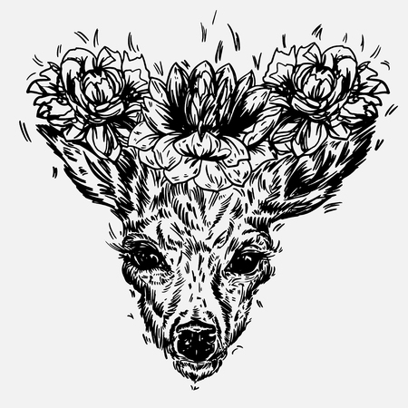 A young deer with horny horns on which peonies are planted. illustration. Design a tattoo, a symbol of mystical magic for your use..のイラスト素材
