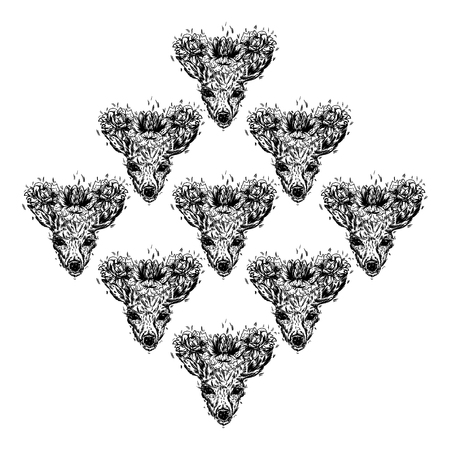 Concept for a holiday gift, decoration for a wedding or a sticker. A young deer with horny horns on which peonies are planted. illustration. Design a tattoo, a symbol of mystical magic for your use.のイラスト素材
