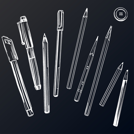 Kawaii. Template for cards and any printing products, printing on clothing. Set of black pens and pencils isolated on white, vector illustrationのイラスト素材