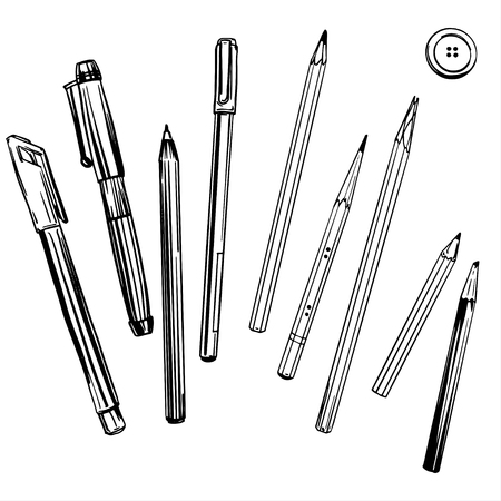 Set of black pens and pencils isolated on white, vector illustration. Kawaii. Template for cards and any printing products, printing on clothing.のイラスト素材