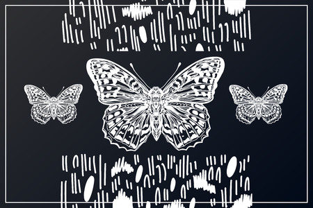 Beautiful hand drawn vector illustration sketching of butterflies. Boho style drawing. Use for postcards, print for t-shirts, posters, wedding invitation, tissue, linensのイラスト素材