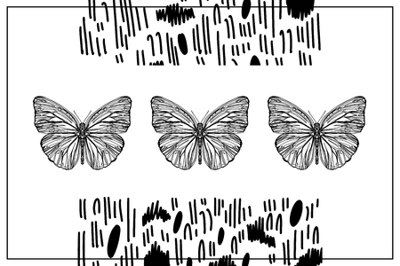 Beautiful hand drawn vector illustration sketching of butterflies. Boho style drawing. Use for postcards, print for t-shirts, posters, wedding invitation, tissue, linensのイラスト素材
