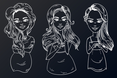 Stylized three young girls black and white sketch. Template for advertising. Store staff, support group, schoolgirls. Beautiful hair styling, perfect face.のイラスト素材