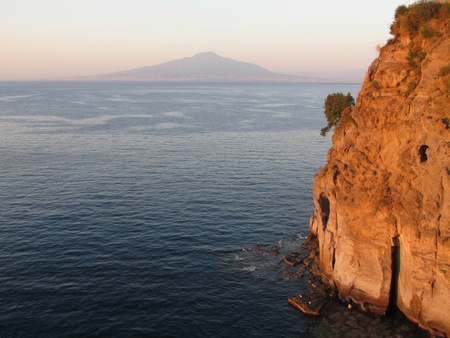 Gulf of Naples with Mount Vesuvius in the distance, shot taken at late afternoon from St Agnello coast, near Sorrento の写真素材