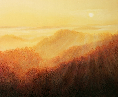 Early morning sunrise with the sun beams caressing the slopes of the mountain, painted on the canvas by me, Kiril Stanchev .の写真素材