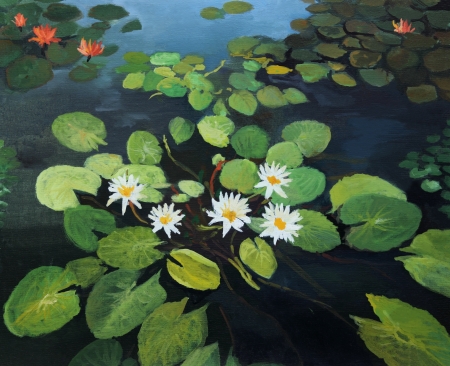 Colorful pond with beautiful water lilies and the sky reflection on the water surface, painted on the canvas by me, Kiril Stanchev .の写真素材