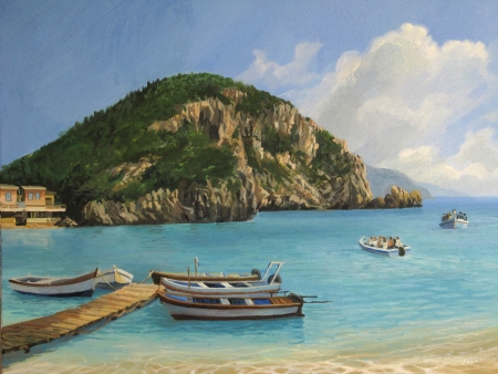 A Tourist Boats in the bay of Paleokastritsa on island of Corfu, painted on canvas by me, Kiril Stanchev .  の写真素材