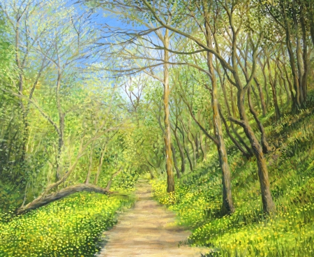 An oil painting on canvas of a vivid forest in spring time with a footpath surrounded by a carpet of yellow wild flowers in a bright sunny day.の写真素材