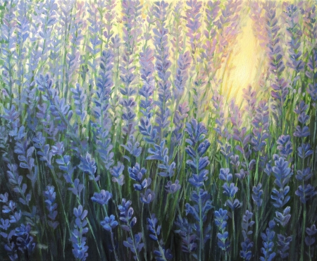 An oil painting on canvas of a violet lavender bush blooming in the last rays of the sun at dusk  Sunset light is giving a warm nuance passing through the blossoms の写真素材