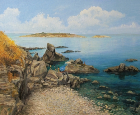 An oil painting on canvas of a bright summer seascape with tourists sunbathing on the rocks near Sozopol in Bulgaria and small island in the distance の写真素材