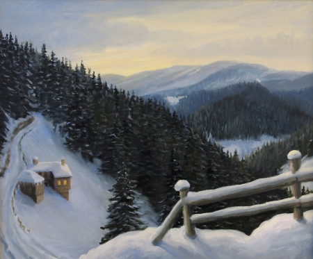 An oil painting on canvas of a winter fairytale magic scene in Rhodope Mountains, Bulgaria with an old house nestled in the snow on the steep slope near the forest の写真素材