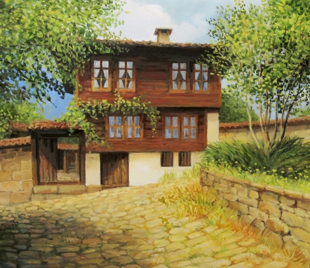 An oil painting on canvas of an old historical house in the small rural town Kotel, Bulgaria at the begining of the autumn の写真素材