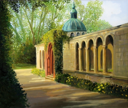 An oil painting on canvas of a peaceful late spring afternoon in the gardens of the famous Sanssouci palace, in Potsdam near Berlin in Germany の写真素材