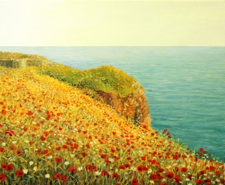 An oil painting on canvas of a beautiful seascape with vivid red poppies at the Black sea coast in the warm light of the sunset の写真素材