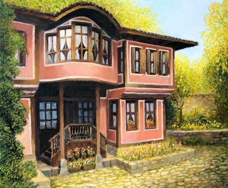 An oil painting on canvas of a traditional old rural house in Koprivshtica, Bulgaria in a bright day during the early autumn の写真素材