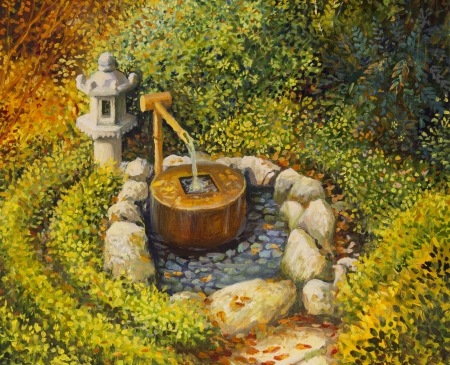 An oil painting on canvas of a tranquil scene in traditional Japanese garden with a stone lantern and water basin. Serene scene in the beginning of the autumn.の写真素材