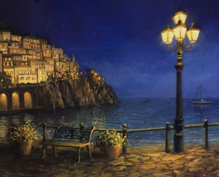 An oil painting on canvas, of a starry romantic evening at the coast of Amalfi in Italy. Tranquil scene with calm waters, city lights and a lamp post at the front. の写真素材