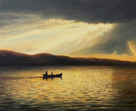 An oil painting on canvas of a tranquil summer seascape with a ray of sunshineの写真素材