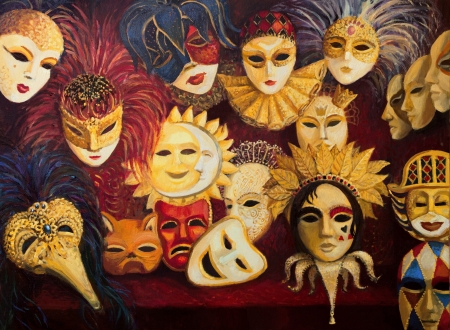 An oil painting on canvas of a colorful ornate traditional venetian masks on display, over a dark red curtain.の写真素材