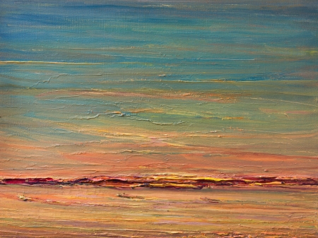 An oil painting on canvas of a colorful expressive sunset landscape over the river. Blue sky with pink, red, orange and yellow hues reflecting in the water surface.の写真素材