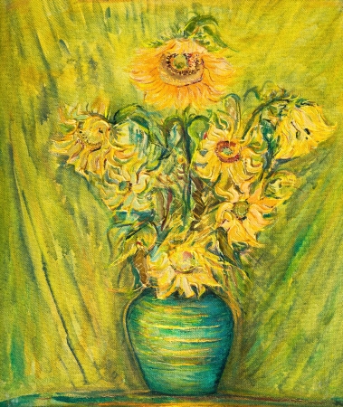 An oil painting on canvas of bright colorful Sunflowers bouquet over a yellow green background.の写真素材