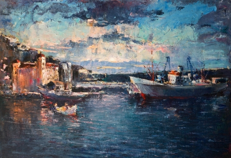 An oil painting on canvas of a colorful sunset over the port with ships entering and leaving the harbor. の写真素材