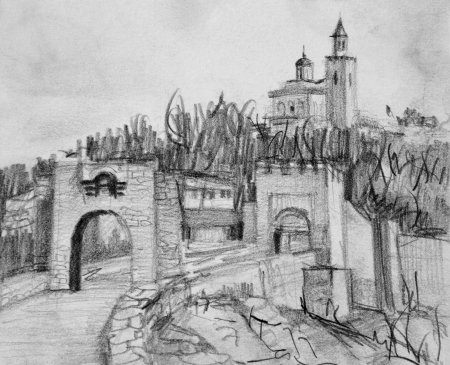 Pencil black and white drawing of the famous fortress Tsarevets in Veliko Tarnovo in Bulgaria  の写真素材