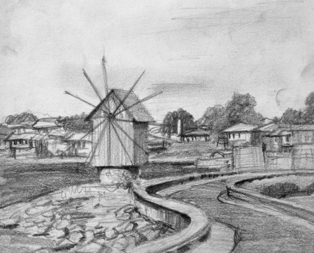 Black and White pencil drawing of the old windmill in Nesebarl, on Bulgarian Black sea coast の写真素材