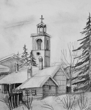 Pencil black and white drawing of an old church in ski resort Bansko in Bulgaria の写真素材