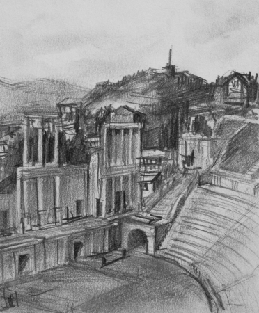 Pencil black and white drawing of antique theatre in Plovdiv, Bulgaria の写真素材