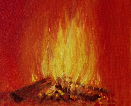 An oil painting on canvas of a bright burning fire in a fireplace, over a vivid red background.の写真素材