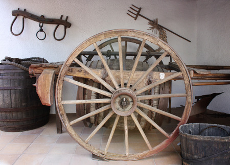 Cart with barrel for wine. Spain.の写真素材