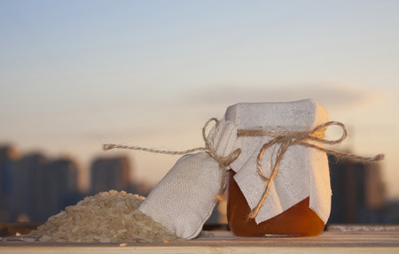 Orange and apricot jam with rice and spices.の写真素材