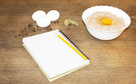 Chopped meat with eggs and spices. Recipe.の写真素材