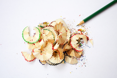 Sharpened pencil. Colored wood shavings. Creative process.の写真素材