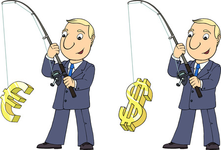 Cartoon  colored illustration with young man in suit catching money signsのイラスト素材