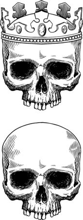 Black and white vector illustration of skull in crown and skull uncoveredのイラスト素材